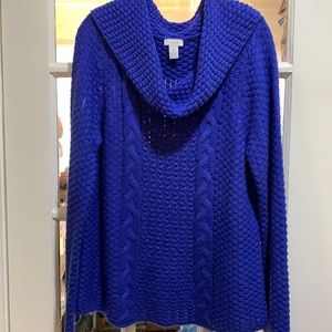 CHICOS ROYAL BLUE SWEATER SHAWL/COWL COLLAR SZ 2 SOFT ACRYLIC MIXED KNIT PATTERN